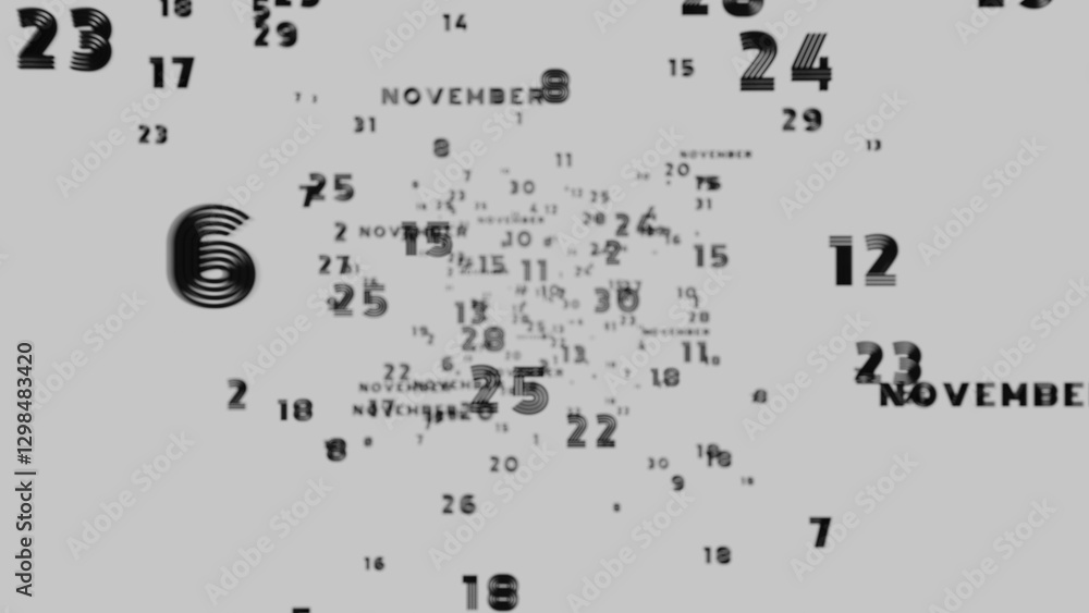 Poster Abstract floating typography with distorted months and 2025, creating a futuristic motion blur effect..