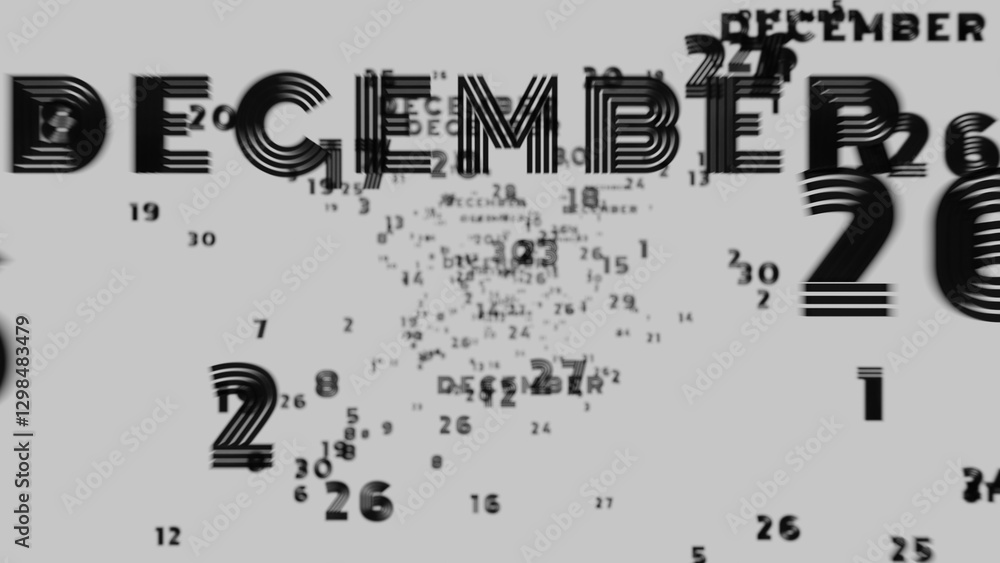 Poster Abstract floating typography with distorted months and 2025, creating a futuristic motion blur effect..