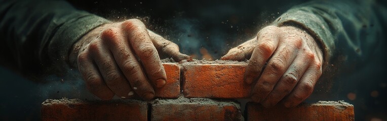 Worker Building the Border Wall with WALL Bricks for Border Control Infrastructure