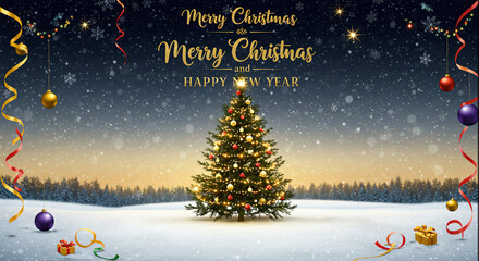 Merry Chrismas Greeting Card Poster Whimsical Tree Glowing ornament light