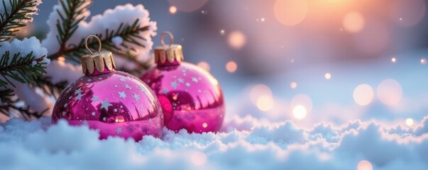 Pink glass ornaments resting on the snowy ground, sparkly decorations, colorful accents