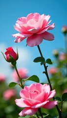 Obraz premium Pink rose flowers in full bloom against a clear blue sky, sky, natural, garden