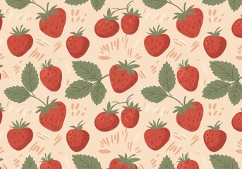 Vibrant strawberry pattern, botanical illustration, red fruit, green leaves, seamless background, cheerful design, summer motif, fresh and juicy, textured appearance