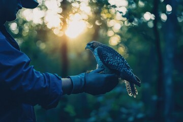 A falconer gently holds a majestic hawk at sunset, showcasing a beautiful bond with nature.