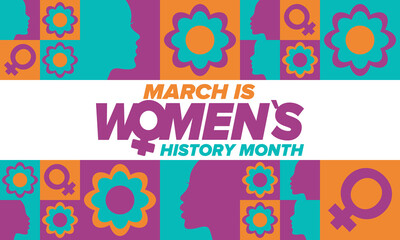 Fototapeta premium Women's History Month. Celebrated annual in March, to mark women’s contribution to history. Female symbol. Women's rights. Girl power in world. Poster, postcard, banner. Vector illustration