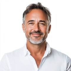 Obraz premium Middle age businessman in white business shirt. Casual entrepreneur. Portrait of mid adult, mature age man, happy smiling. Isolated on white, copy space.