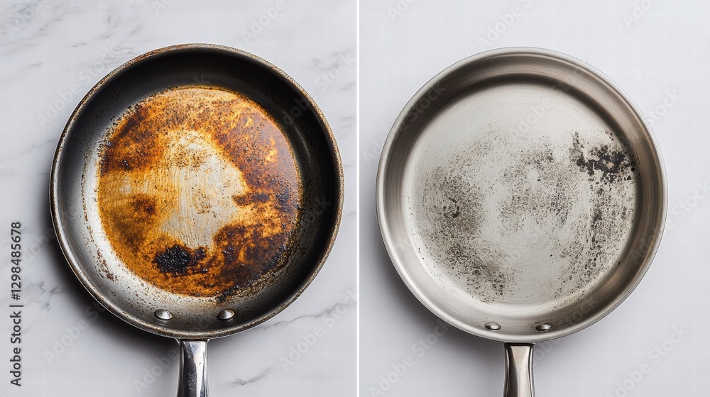 Poster Dramatic transformation of a dirty frying pan cleaned to a shiny finish showcasing effective cleaning methods. Generative AI