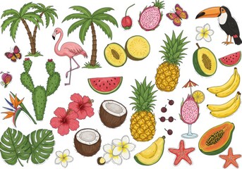 Colorful tropical summer elements, hand-drawn style, vibrant fruits, exotic flowers, palm trees, flamingo, toucan, butterflies, cactus, monstera leaves, watermelon