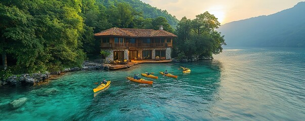 A peaceful lakeside retreat with kayaks, crystal-clear water, and lush green surroundings. The ideal spot for a family vacation getaway.