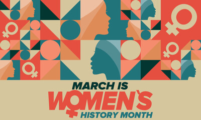 Women's History Month. Celebrated annual in March, to mark women’s contribution to history. Female symbol. Women's rights. Girl power in world. Poster, postcard, banner. Vector illustration