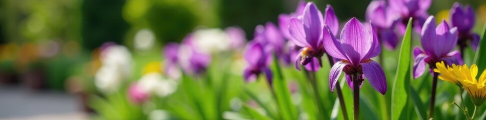 Purple Fritillaria flowers in a garden bed with other plants, companion planting, mixed blooms