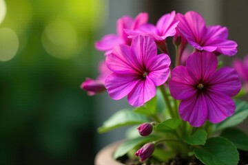 Fototapeta premium Purple geranium Rozanne flowers blooming in a garden container, plants,