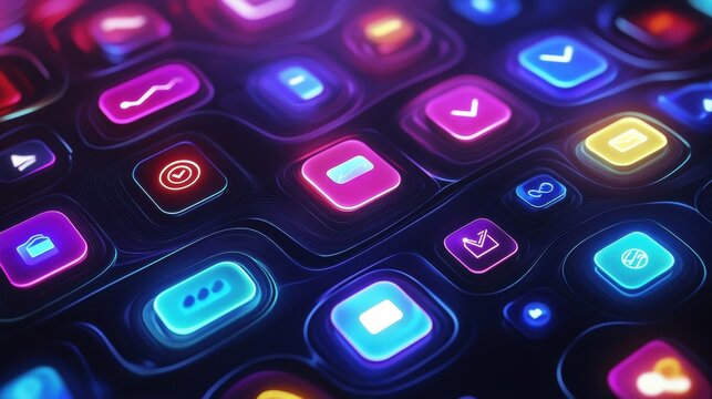 Colorful glowing app icons displayed on a sleek digital interface with neon effects in modern design. Generative AI