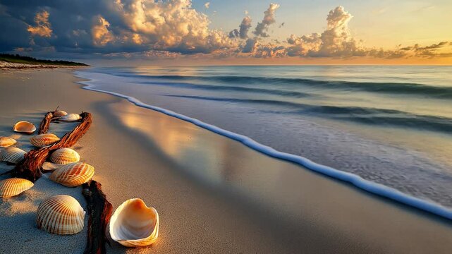 A serene beach with intricate patterns of seashells and driftwood at the shoreline.