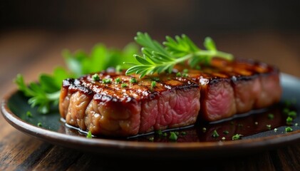 Thick cut fillet steak with fresh herbs sprig, red, meat