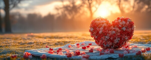 A picturesque outdoor park with a heart-shaped arrangement of flowers on a picnic blanket under the soft glow of sunset on Valentine's Day.