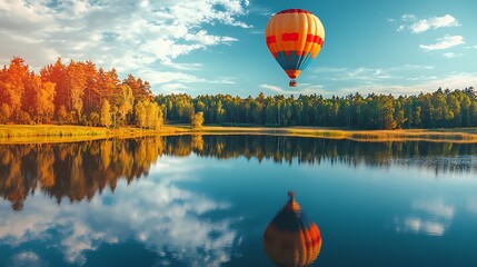 A serene lake with flawless reflections a colorful hot air balloon floating above