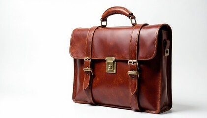 Vintage leather briefcase, worn texture, white backdrop, antique, professional, travel