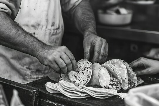 Fototapeta A man's hands carefully arrange warm, delicious tacos, showcasing the culinary artistry of Mexican street food.