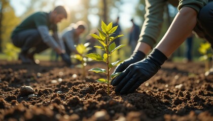 Tree Planting for Environmental Conservation – Hands Planting a Young Sapling in Soil.