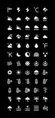 Weather Icon Set - Black Filled Style. Including anemometer, cloud, rain, moon, night, celsius, kelvin, Fahrenheit, degree, thermometer, rainbow, sunset, sunrise, umbrella silhouettes