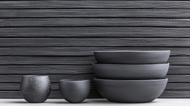 Dark Gray Bowls on Dark Wood Background