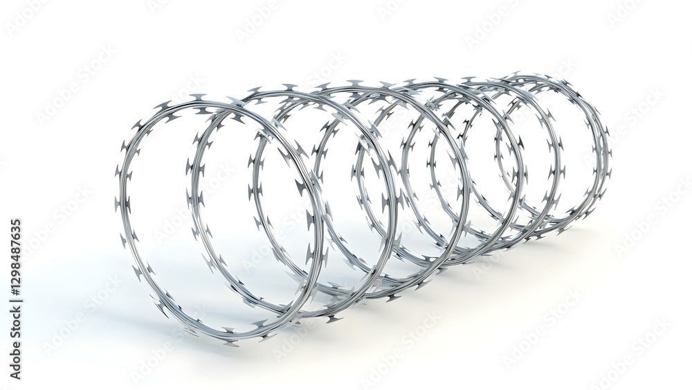 Poster barbed wire coils arranged in a series, commonly used for security fencing or to deter unauthorized 