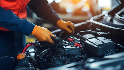 A mechanic working on a car engine, using tools with focus on repair and maintenance tasks. Concept Mechanic at Work, Car Engine Repair, Tool Usage, Maintenance Techniques, Automotive Troubleshooting