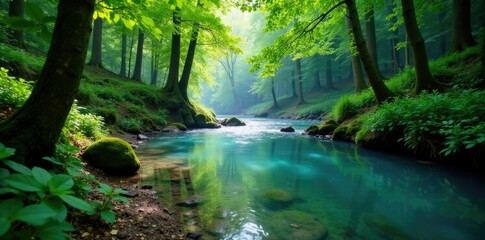 Obraz premium Serene forest river with clear blue water and lush greenery, trash, nature