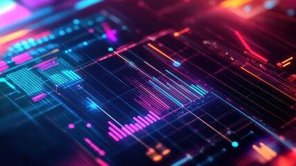 Obraz premium Futuristic data visualization with digital grid and neon lights for technology design. Performance insights