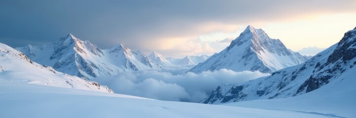 Obraz premium Serene landscape of snow-capped mountains under a cloudy sky with silvery light filtering through the gaps, frosty morning, cloudy sky