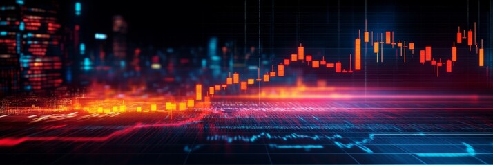 Fototapeta premium Abstract Financial Technology Background With Stock Market Chart, Trading Graph, and Cityscape