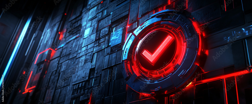 Poster red glowing checkmark symbol on a futuristic digital background with a dark metallic texture, repres