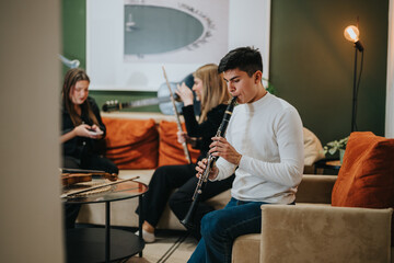 Group of friends enjoying music together in a warmly decorated home environment, emphasizing...