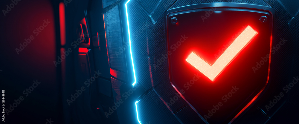 Poster red glowing checkmark symbol in a futuristic digital interface with glowing edges, representing appr