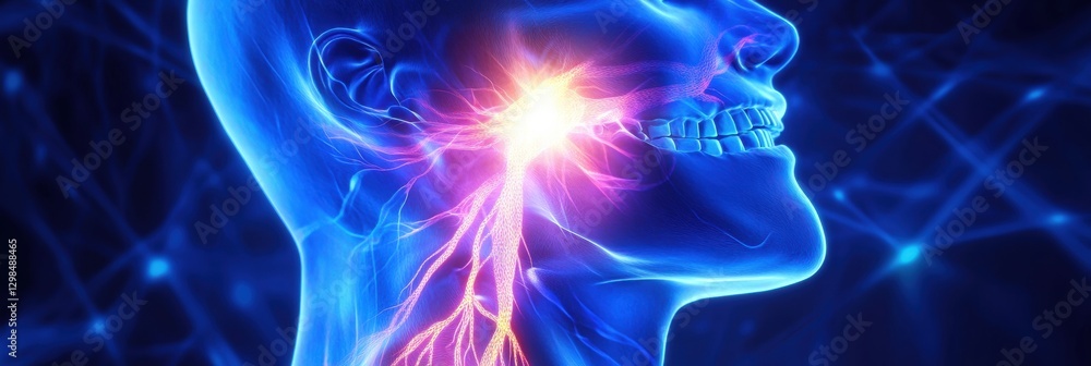 Poster Human head illustration showing neural pathways and nervous system interactions in bright colors. Generative AI