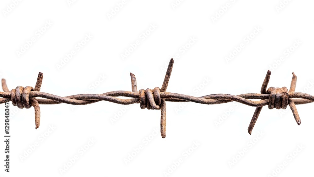 Poster a length of rusty barbed wire, featuring sharp protrusions along a twisted strand. concept rusty bar