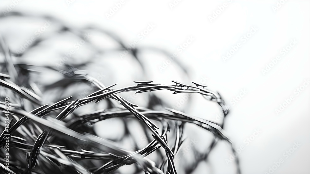 Poster close-up of barbed wire tangled in a coil, showcasing sharp points and intricate textures against a 