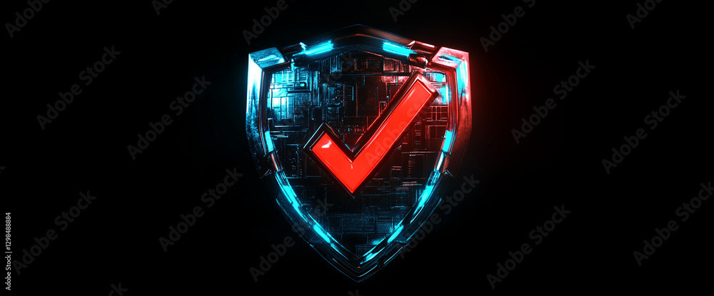 Poster futuristic shield with a glowing red checkmark symbol, illuminated by blue neon accents, representin