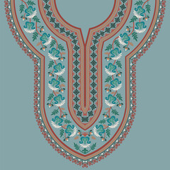 A symmetrical neckline pattern for a dashiki shirt, featuring vintage folk art floral vines and geometric motifs on a blue background. Best for embroidery on kaftans, kurtas, kurtis, and blouses.