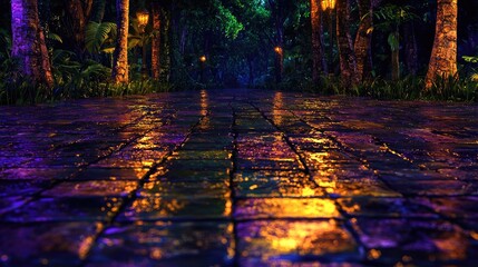 Night path, tropical forest, illuminated, wet cobblestones, mysterious
