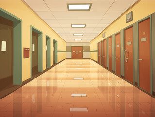 Cartoon empty corridor with doors, front view, color image, printable, no people, fantasy, game design, school, hospital, kindergarten, empty hallway, brown doors, lamps, yellow walls, orange floor