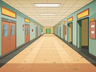 Cartoon empty corridor with doors, front view, color image, printable, without people