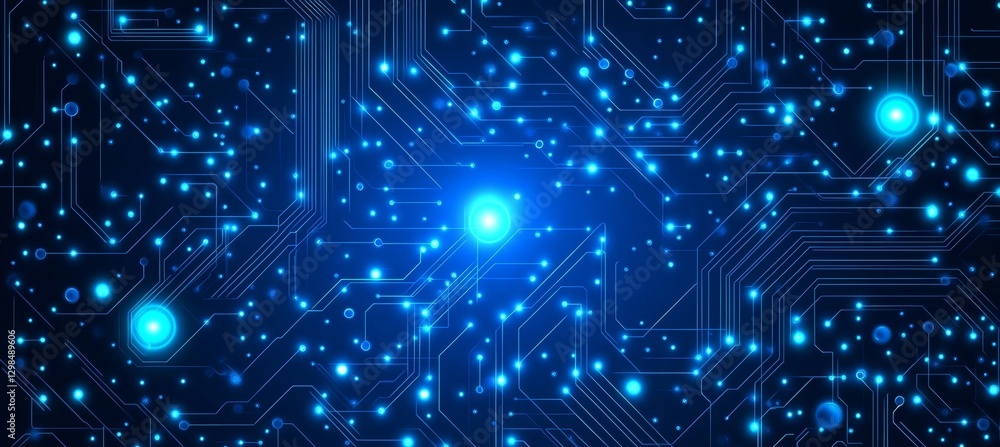 Poster blue abstract technology background, futuristic circuit board pattern with glowing lights and lines.