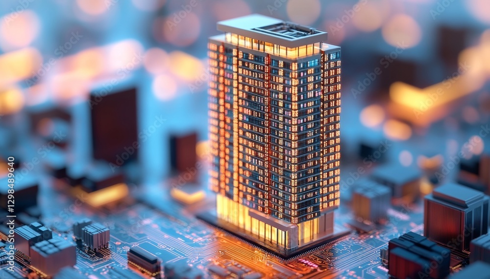 Poster futuristic skyscraper on circuit board, symbolizing technology and data in the digital age.