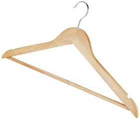 Wooden hanger for clothes isolated on a transparent background. Completely in focus. Focus stacking.