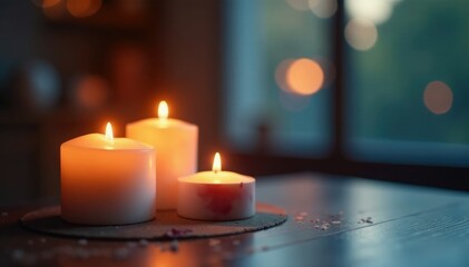 Softly glowing candles illuminate a serene ambiance, serene atmosphere, candles soft glow