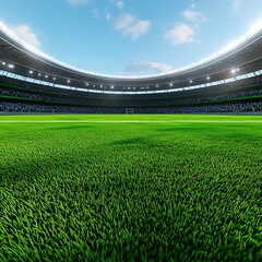 Fototapeta premium Lush Green Soccer Stadium Field Full Crowd Daytime