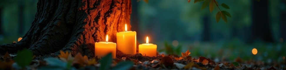 Softly glowing candles illuminate the tree's trunk, soothing, peaceful, warm