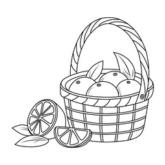 A black-and-white line art illustration of fresh oranges in a woven basket, featuring whole and sliced pieces with leaves. This detailed hand-drawn artwork is perfect for coloring pages.